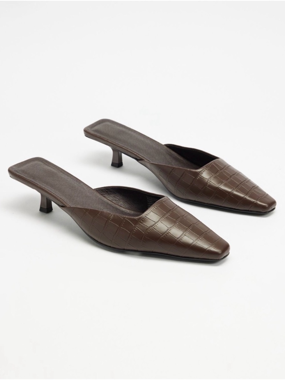 Brown Croc-Embossed Kitten Heel Mule